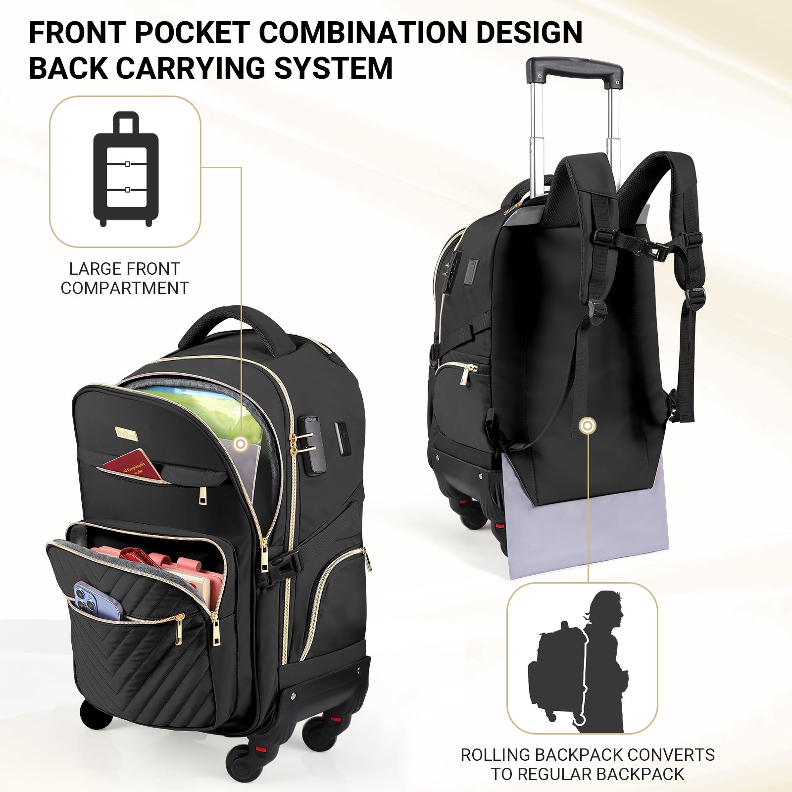 Star Cloud Rolling Backpack for Women, 21"x14"x9", 45L Travel Backpack with Wheels and USB & Type-C Charging Ports, Fits 17.3", Water-Resistant Carry-On Luggage for Work & Travel (Black)