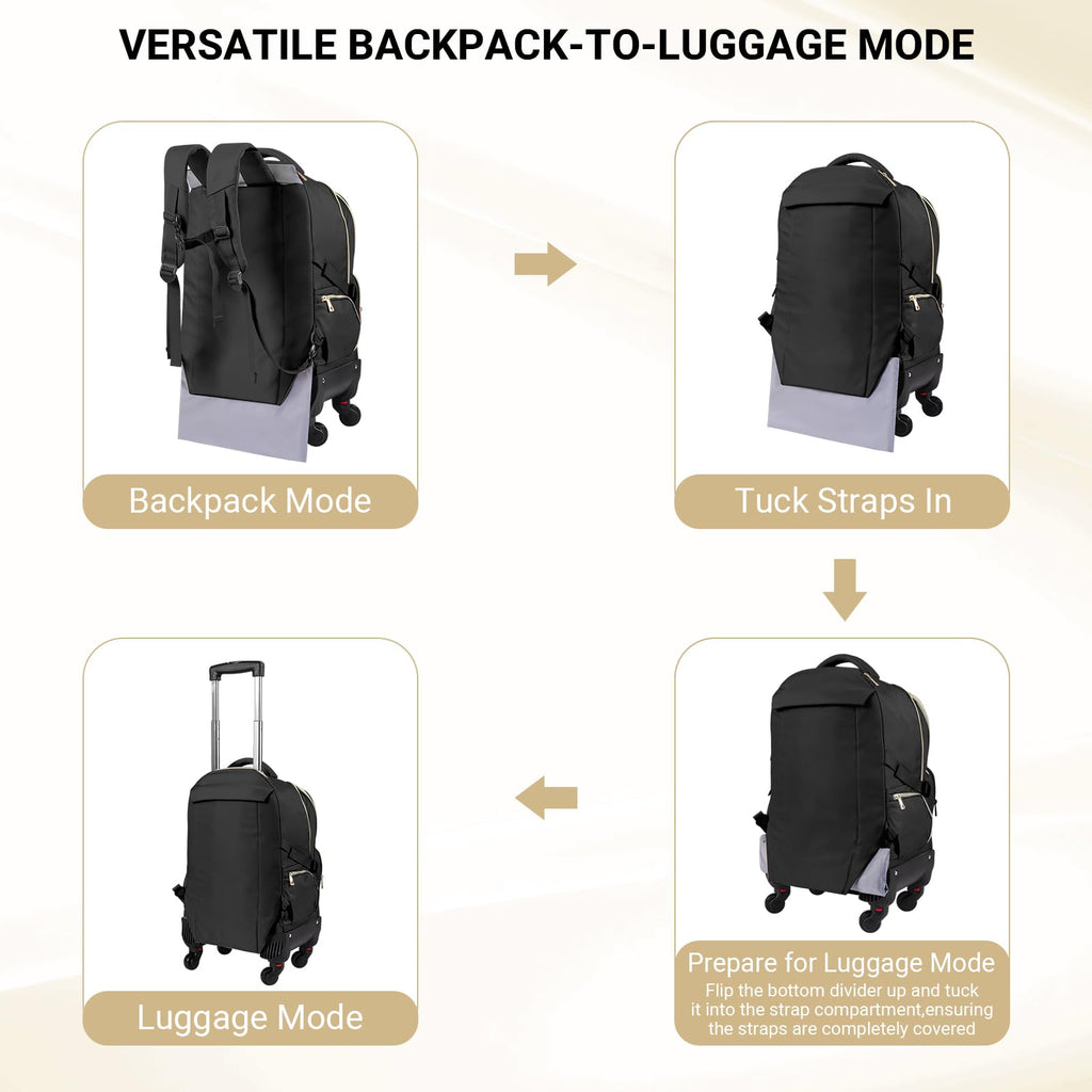 Star Cloud Rolling Backpack for Women, 21"x14"x9", 45L Travel Backpack with Wheels and USB & Type-C Charging Ports, Fits 17.3", Water-Resistant Carry-On Luggage for Work & Travel (Black)
