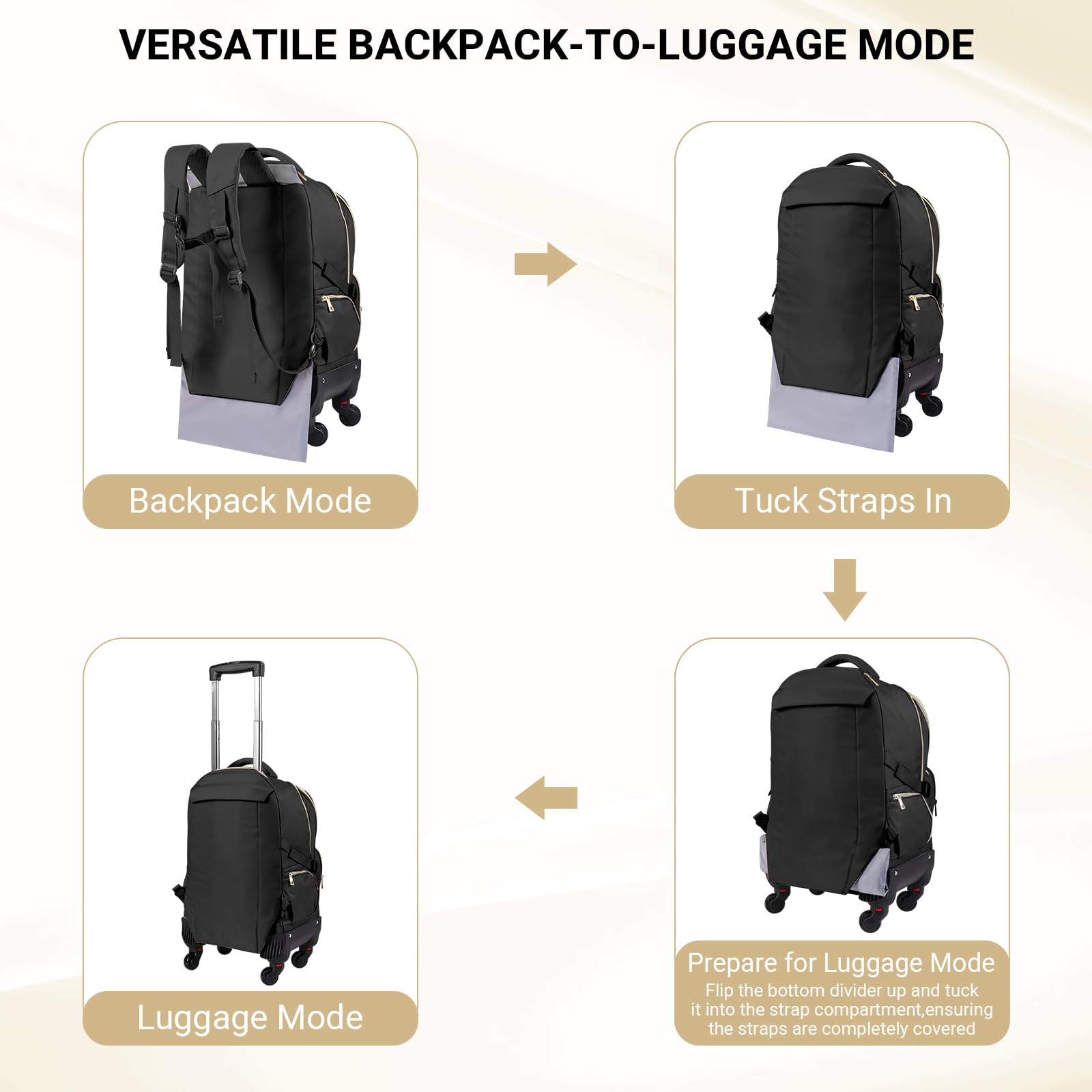 Star Cloud Rolling Backpack for Women, 21"x14"x9", 45L Travel Backpack with Wheels and USB & Type-C Charging Ports, Fits 17.3", Water-Resistant Carry-On Luggage for Work & Travel (Black)