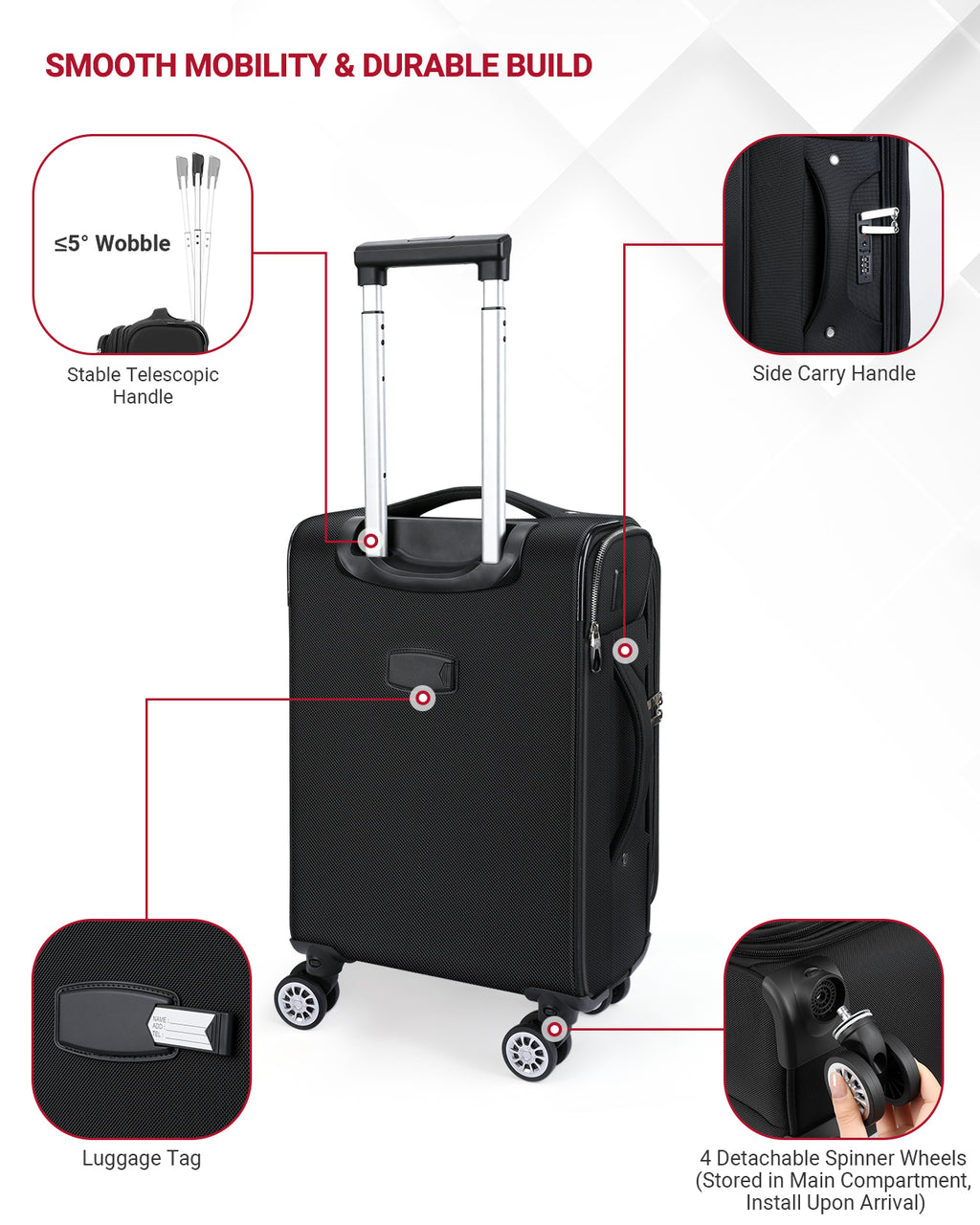 star cloud Softside Expandable Spinner Luggage Durable Lightweight Travel Suitcase, Black
