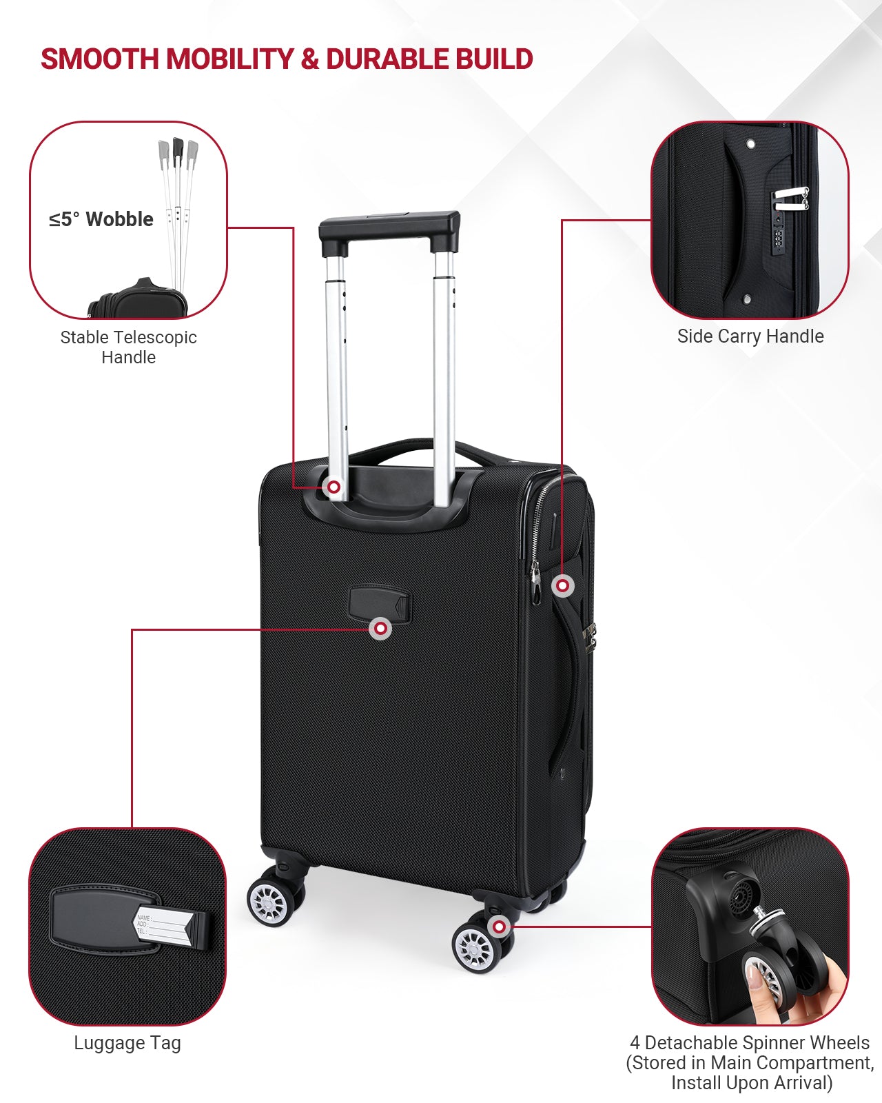 star cloud Softside Expandable Spinner Luggage Durable Lightweight Travel Suitcase, Black