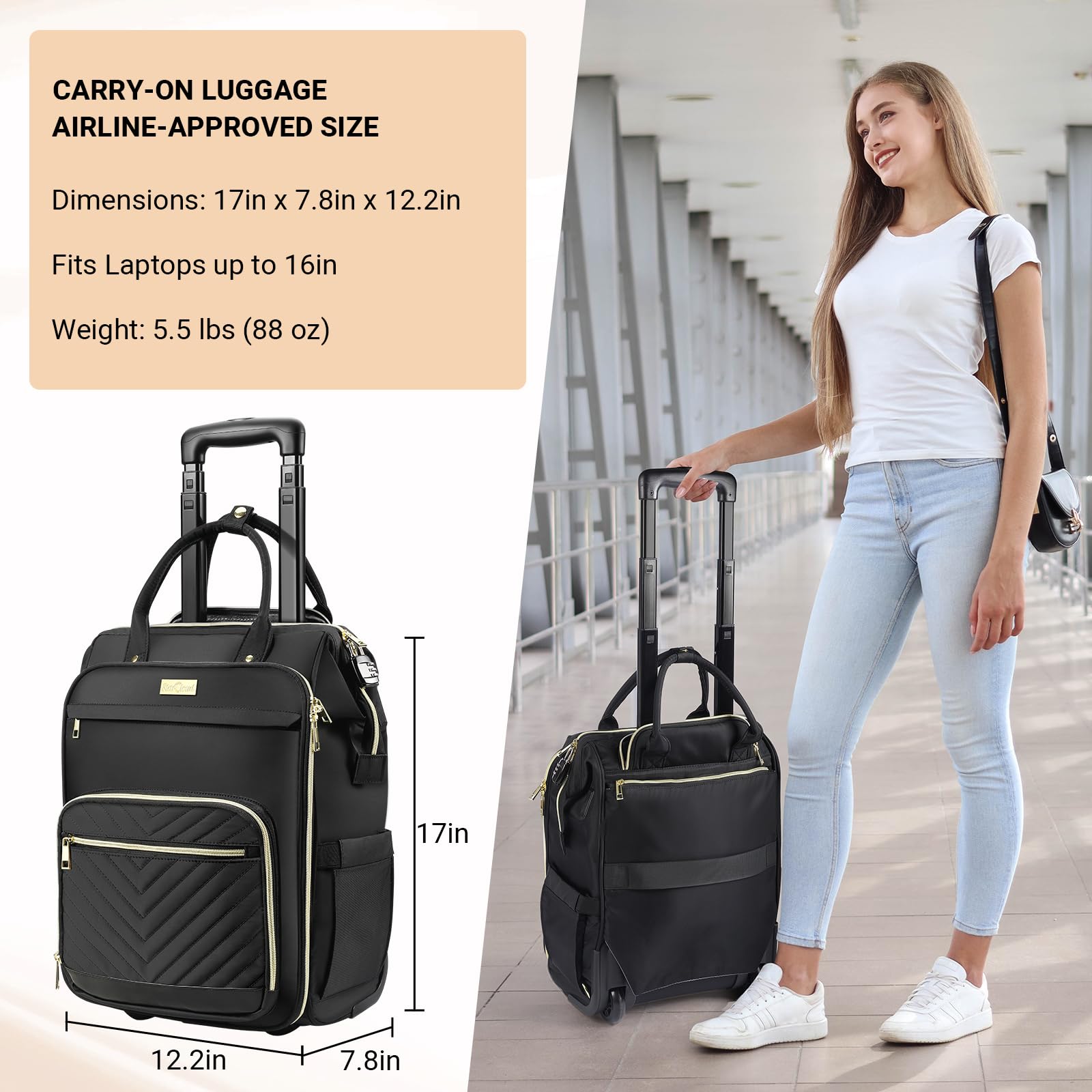Star Cloud Rolling Backpack for Women, Dual-Opening Carry On Backpack with Wheels, Wheeled Laptop Backpack with Lock, USB & Type-C Charging Port, Softside Roller Backpack for Travel College Business Work
