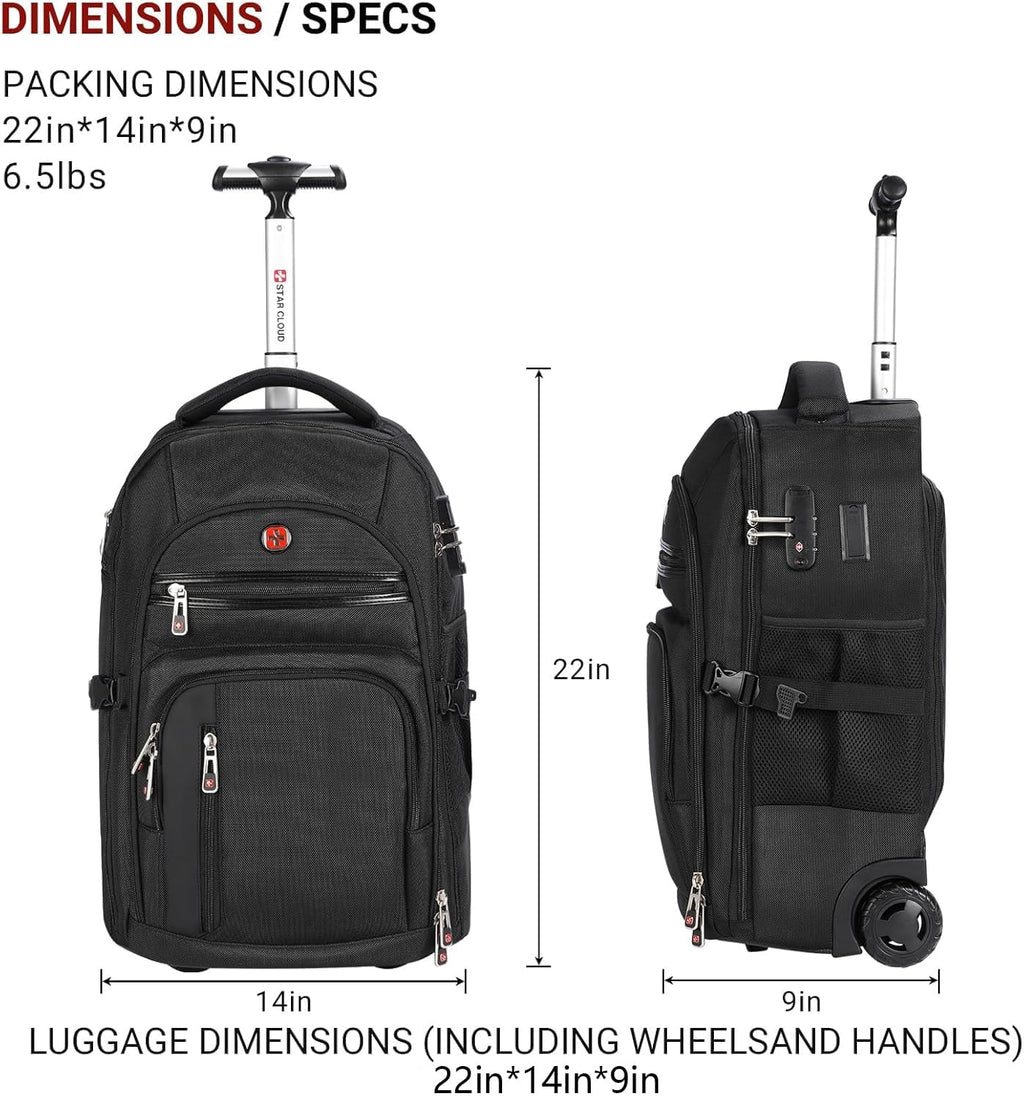 star cloud Rolling Backpack with Wheels, USB & Type-C Charging Ports, 21x14x9, Water-Resistant, 17.3" Laptop Compartment, EVA Material, Wheeled Business Backpack for Travel, Work, College