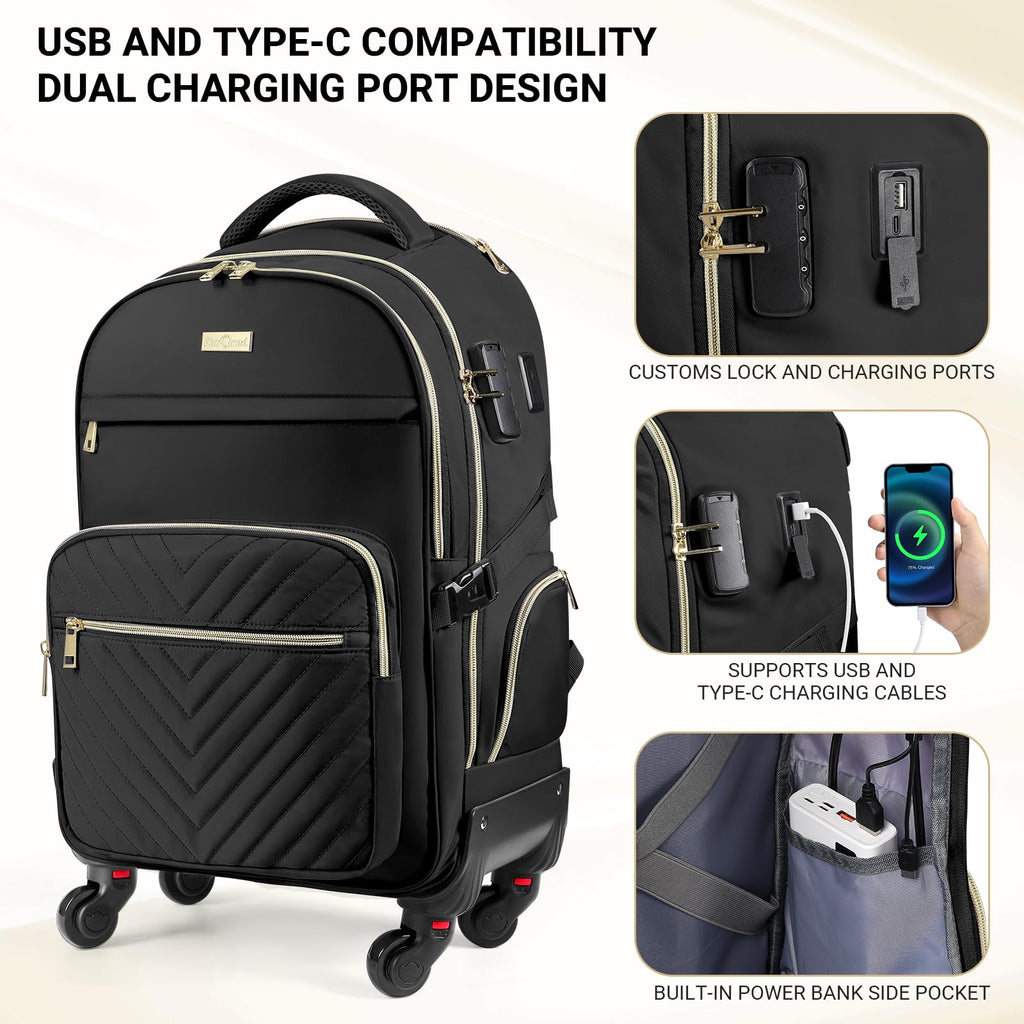 Star Cloud Rolling Backpack for Women, 21"x14"x9", 45L Travel Backpack with Wheels and USB & Type-C Charging Ports, Fits 17.3", Water-Resistant Carry-On Luggage for Work & Travel (Black)