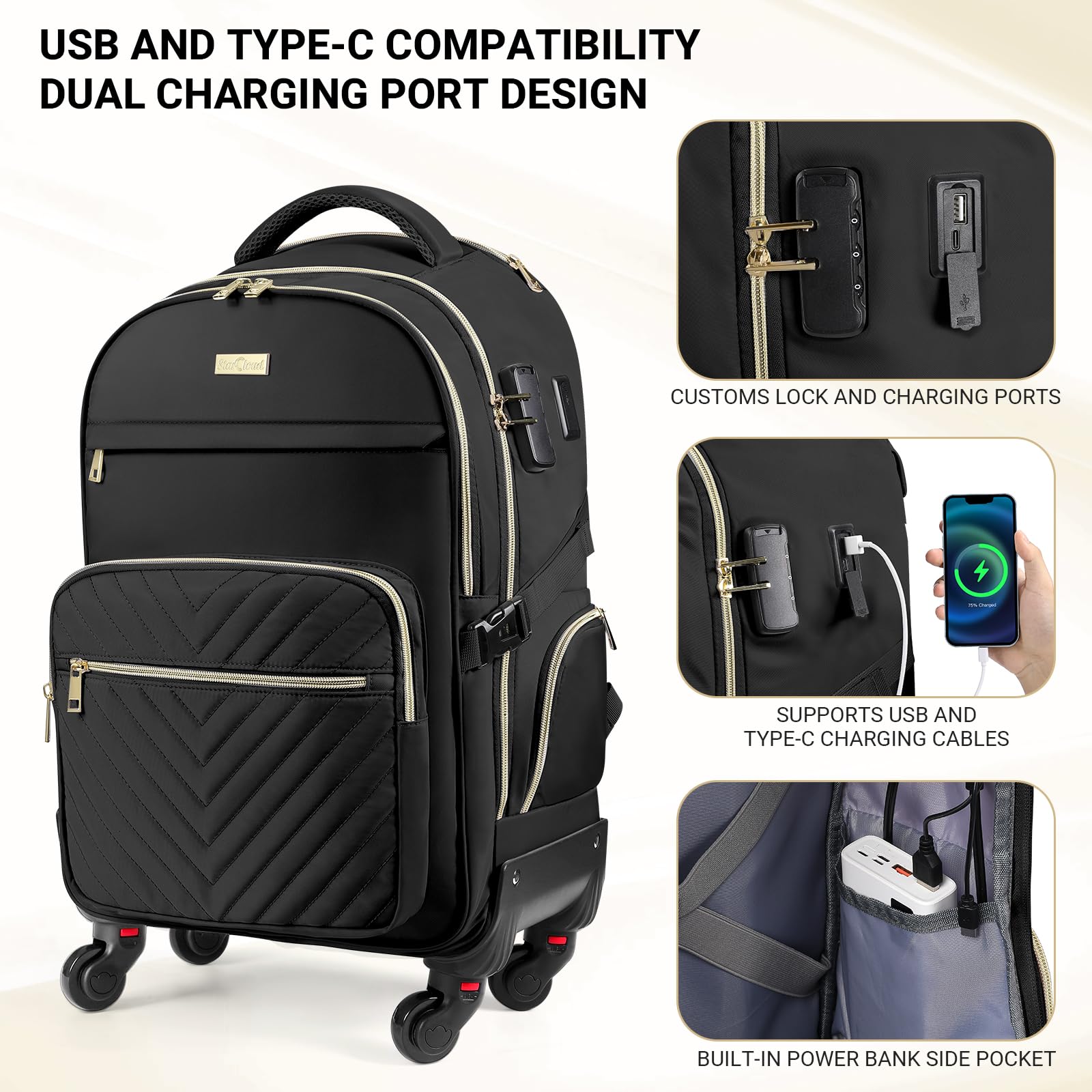 Star Cloud Rolling Backpack for Women, 21"x14"x9", 45L Travel Backpack with Wheels and USB & Type-C Charging Ports, Fits 17.3", Water-Resistant Carry-On Luggage for Work & Travel (Black)