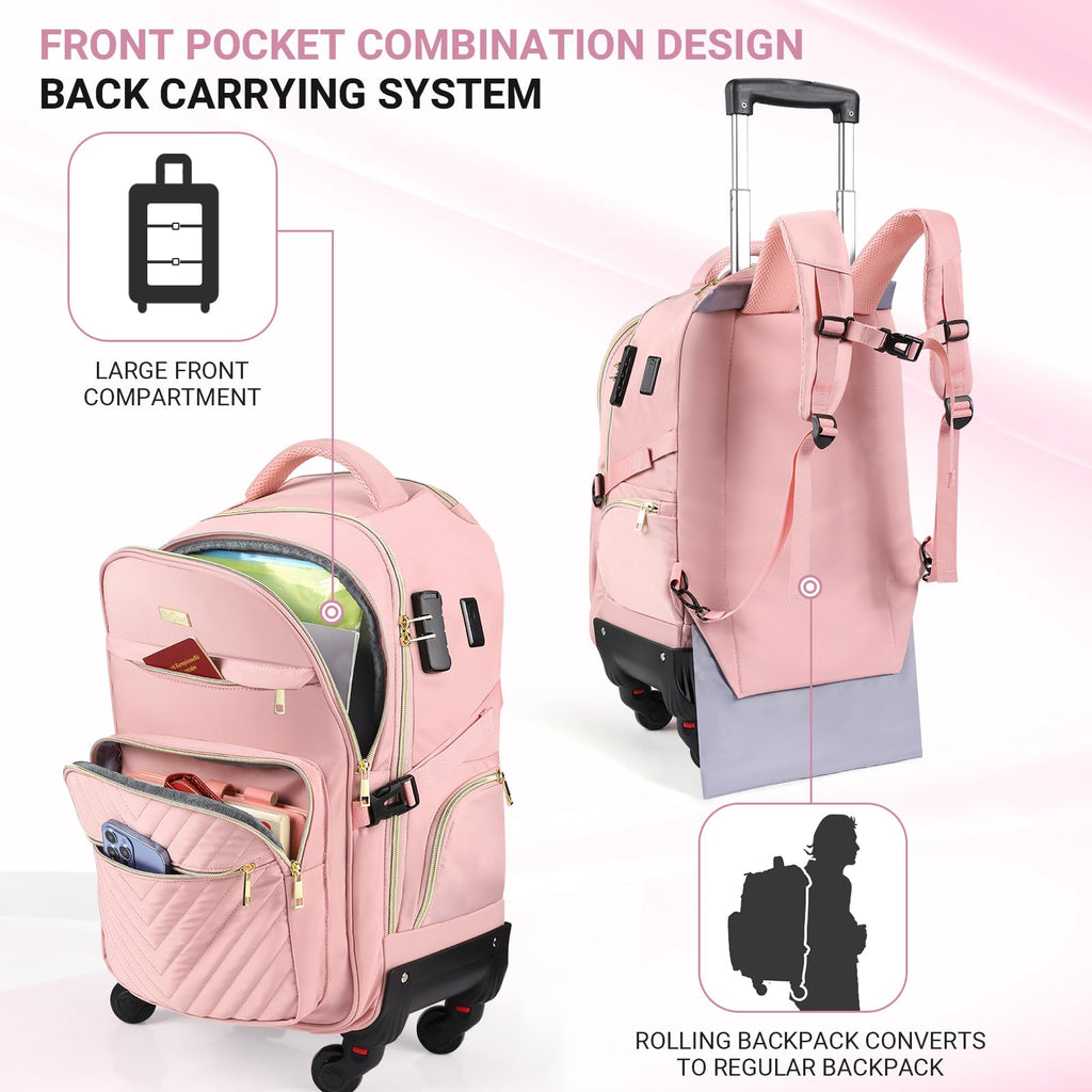 Star Cloud Rolling Backpack for Women, 21"x14"x9", 45L Travel Backpack with Wheels and USB & Type-C Charging Ports, Fits 17.3", Water-Resistant Carry-On Luggage for Work & Travel (Black)