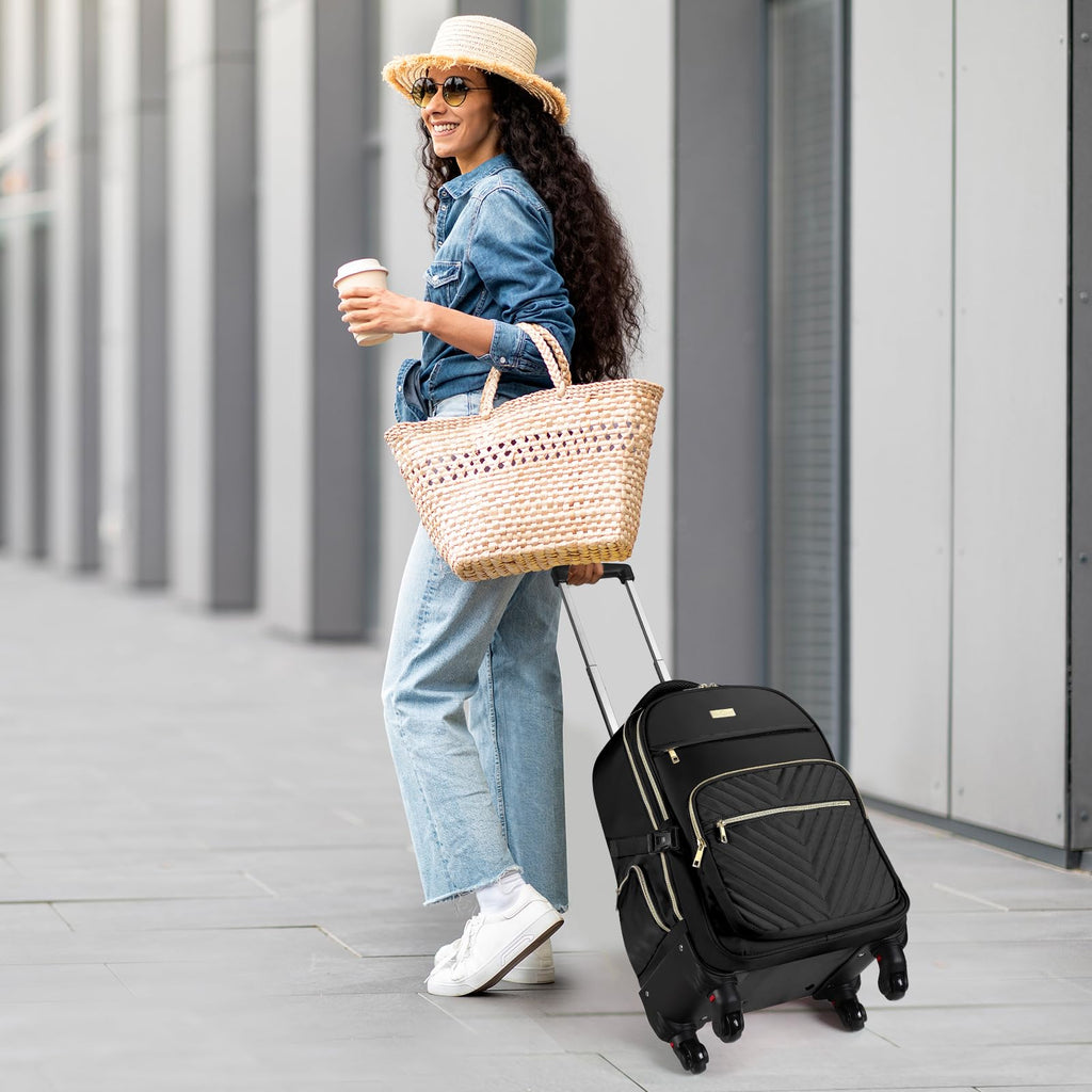 Star Cloud Rolling Backpack for Women, 21"x14"x9", 45L Travel Backpack with Wheels and USB & Type-C Charging Ports, Fits 17.3", Water-Resistant Carry-On Luggage for Work & Travel (Black)