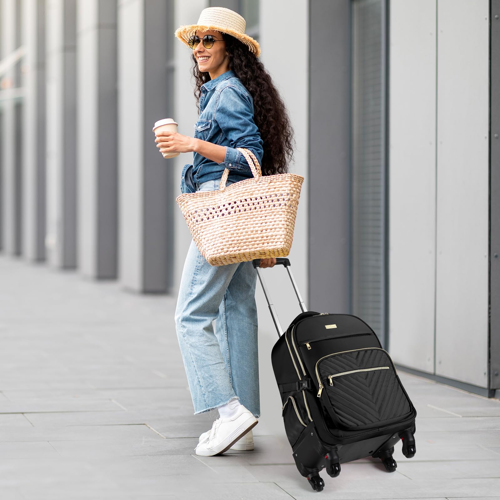 Star Cloud Rolling Backpack for Women, 21"x14"x9", 45L Travel Backpack with Wheels and USB & Type-C Charging Ports, Fits 17.3", Water-Resistant Carry-On Luggage for Work & Travel (Black)
