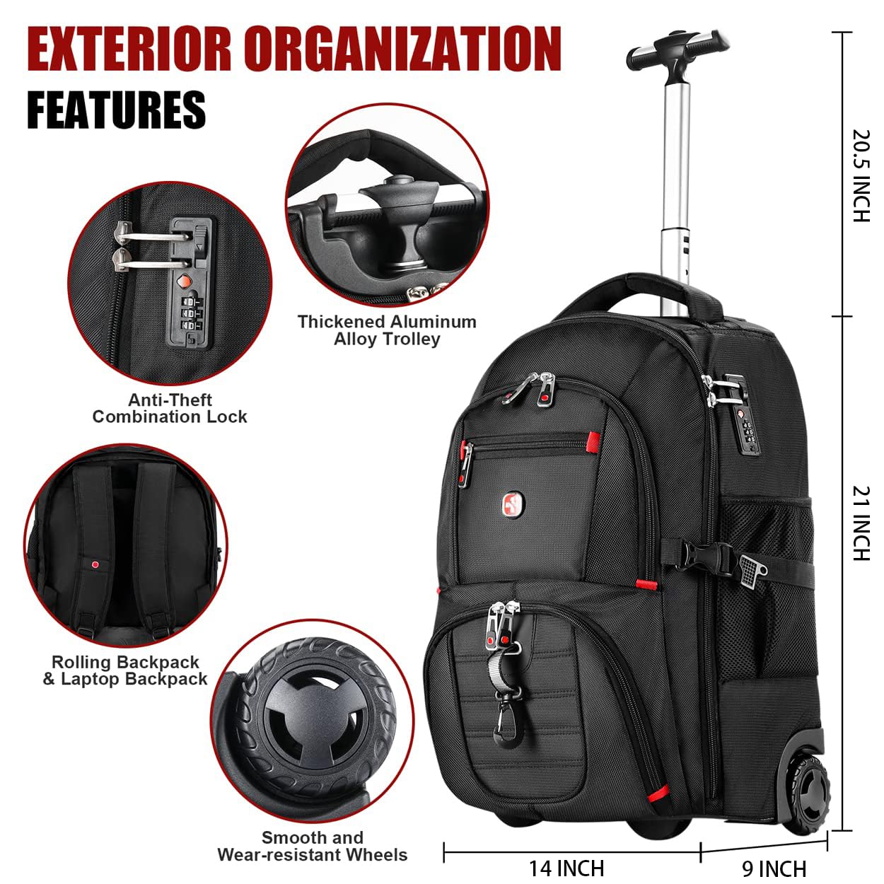 star cloud 21x14x9 Rolling Backpack with Wheels - Water-Resistant, 17.3" Laptop Compartment, Ideal Carry-On for Overnight Travel, College, Work - Wheeled Business Backpack for Adults