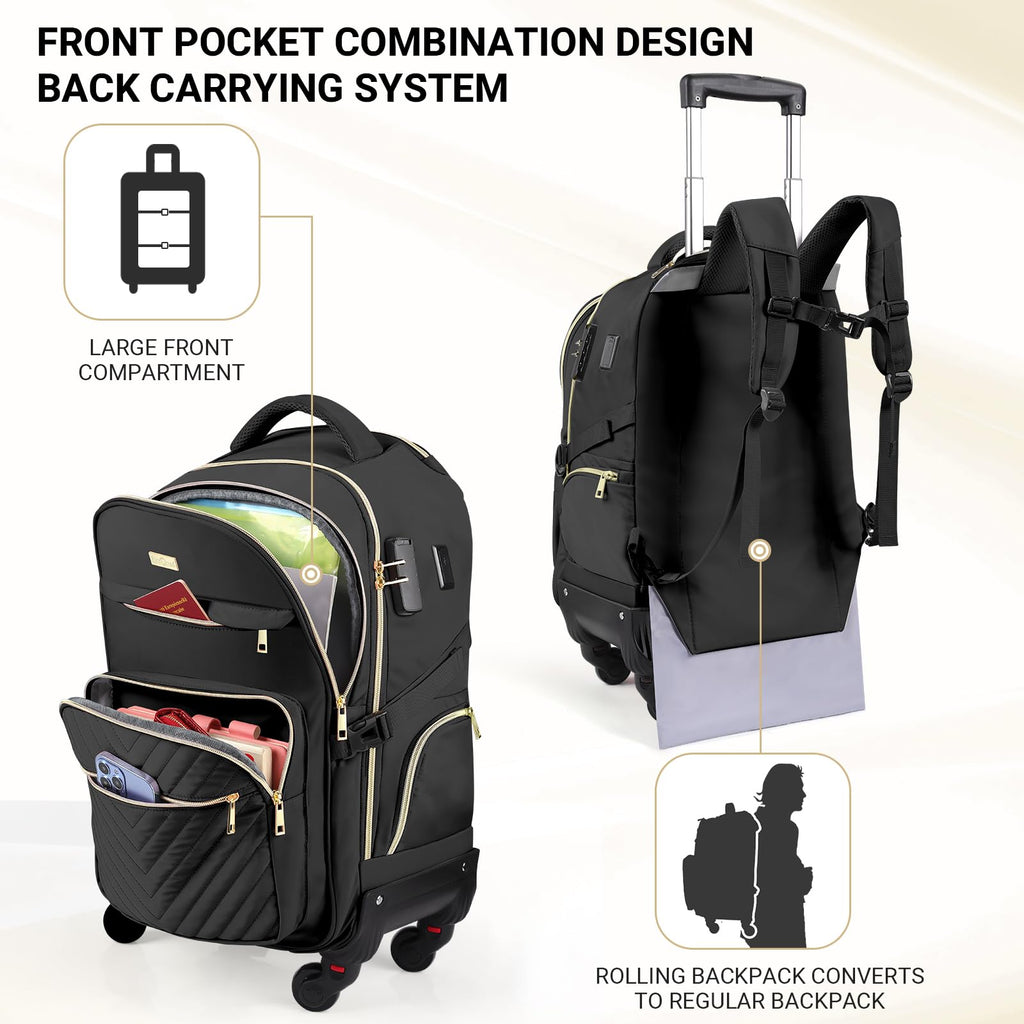 Star Cloud Rolling Backpack for Women, 21"x14"x9", 45L Travel Backpack with Wheels and USB & Type-C Charging Ports, Fits 17.3", Water-Resistant Carry-On Luggage for Work & Travel (Black)