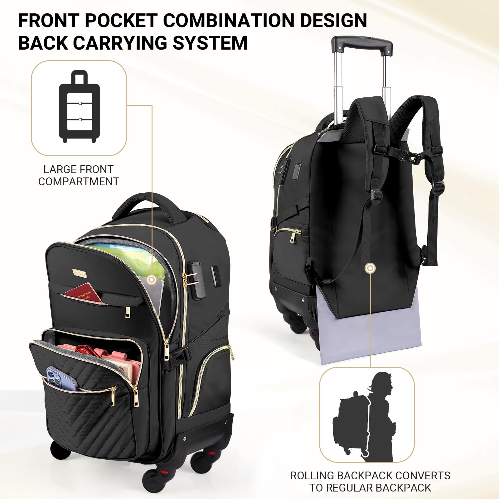 Star Cloud Rolling Backpack for Women, 21"x14"x9", 45L Travel Backpack with Wheels and USB & Type-C Charging Ports, Fits 17.3", Water-Resistant Carry-On Luggage for Work & Travel (Black)