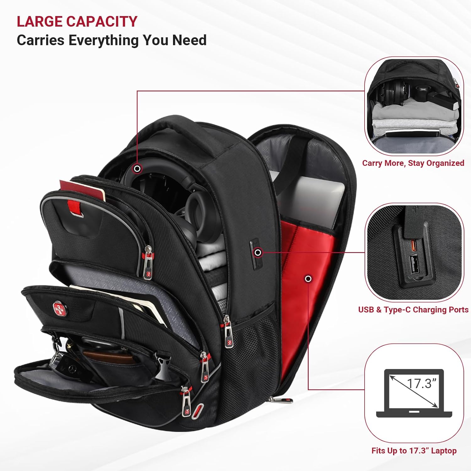 star cloud 17.3 Inch Laptop Backpack for Men, Travel Laptop Backpack with USB & Type-C Charging, TSA Friendly Carry On Business Backpack, Large Utility Tech Backpack for Work and Travel