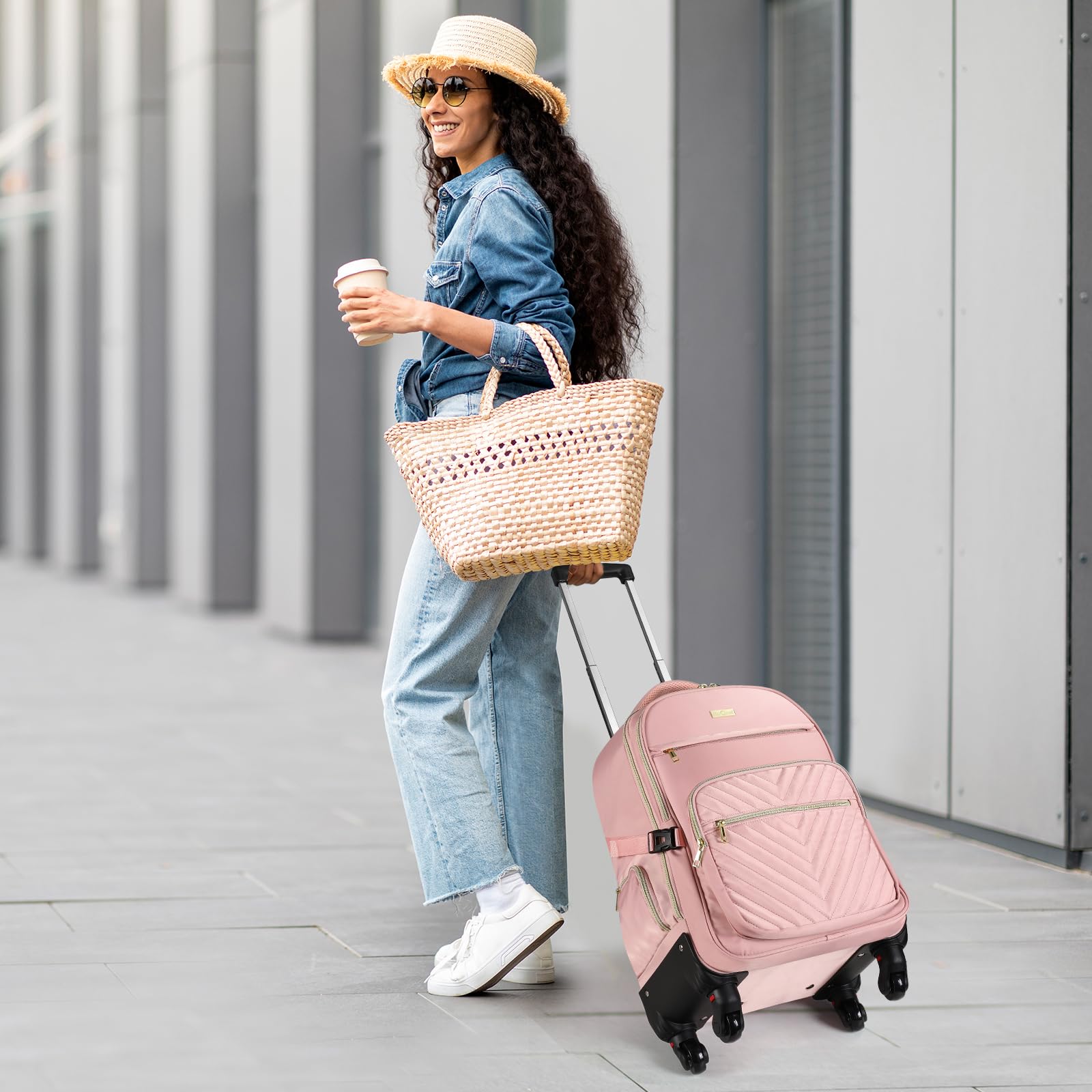 Star Cloud Rolling Backpack for Women, 21"x14"x9", 45L Travel Backpack with Wheels and USB & Type-C Charging Ports, Fits 17.3", Water-Resistant Carry-On Luggage for Work & Travel (Black)