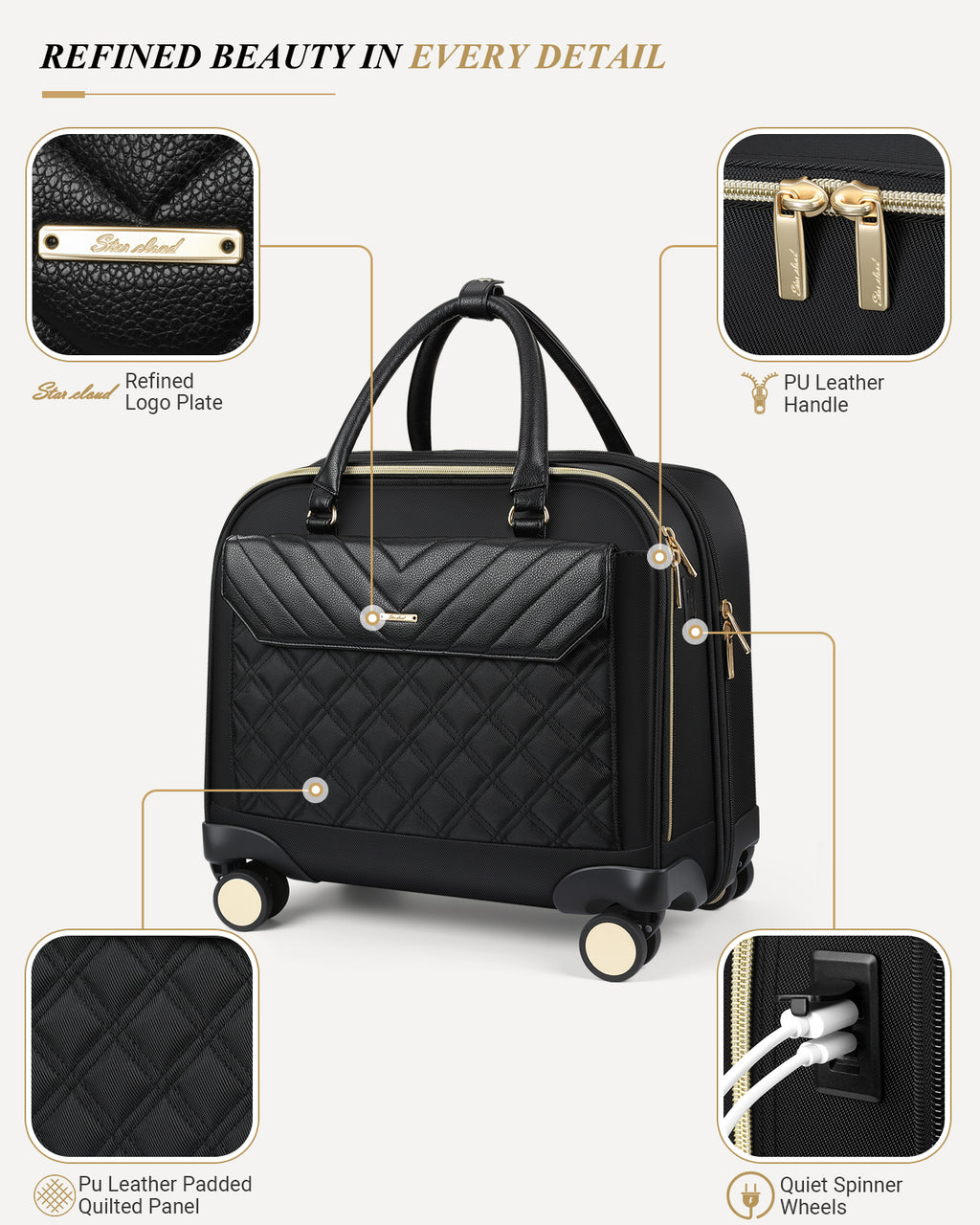 star cloud 4 wheel Rigid Frame Rolling Laptop Bag for Women