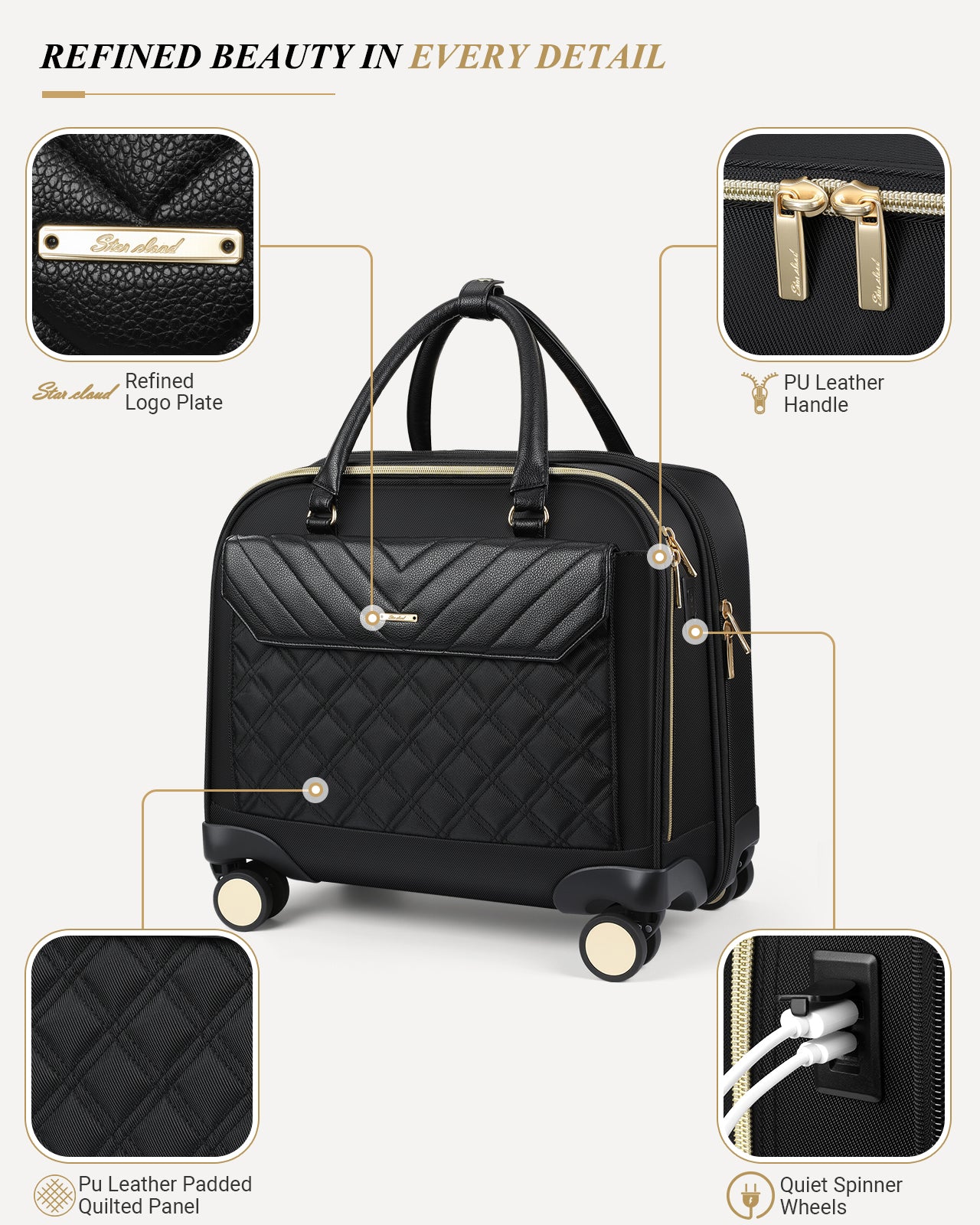 star cloud 4 wheel Rigid Frame Rolling Laptop Bag for Women