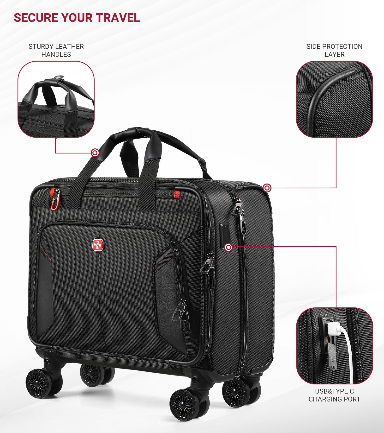 star cloud Rigid Frame Rolling Laptop Bag on Wheels, Rolling Briefcase with USB & Type-C Charging Port, Water Resistant Rolling Computer Bag for 17.3 Inch Laptop, Work Travel and Business