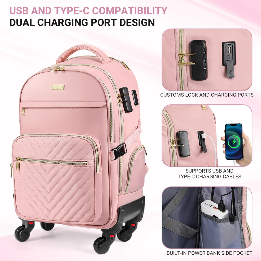 Star Cloud Rolling Backpack for Women, 21"x14"x9", 45L Travel Backpack with Wheels and USB & Type-C Charging Ports, Fits 17.3", Water-Resistant Carry-On Luggage for Work & Travel (Black)