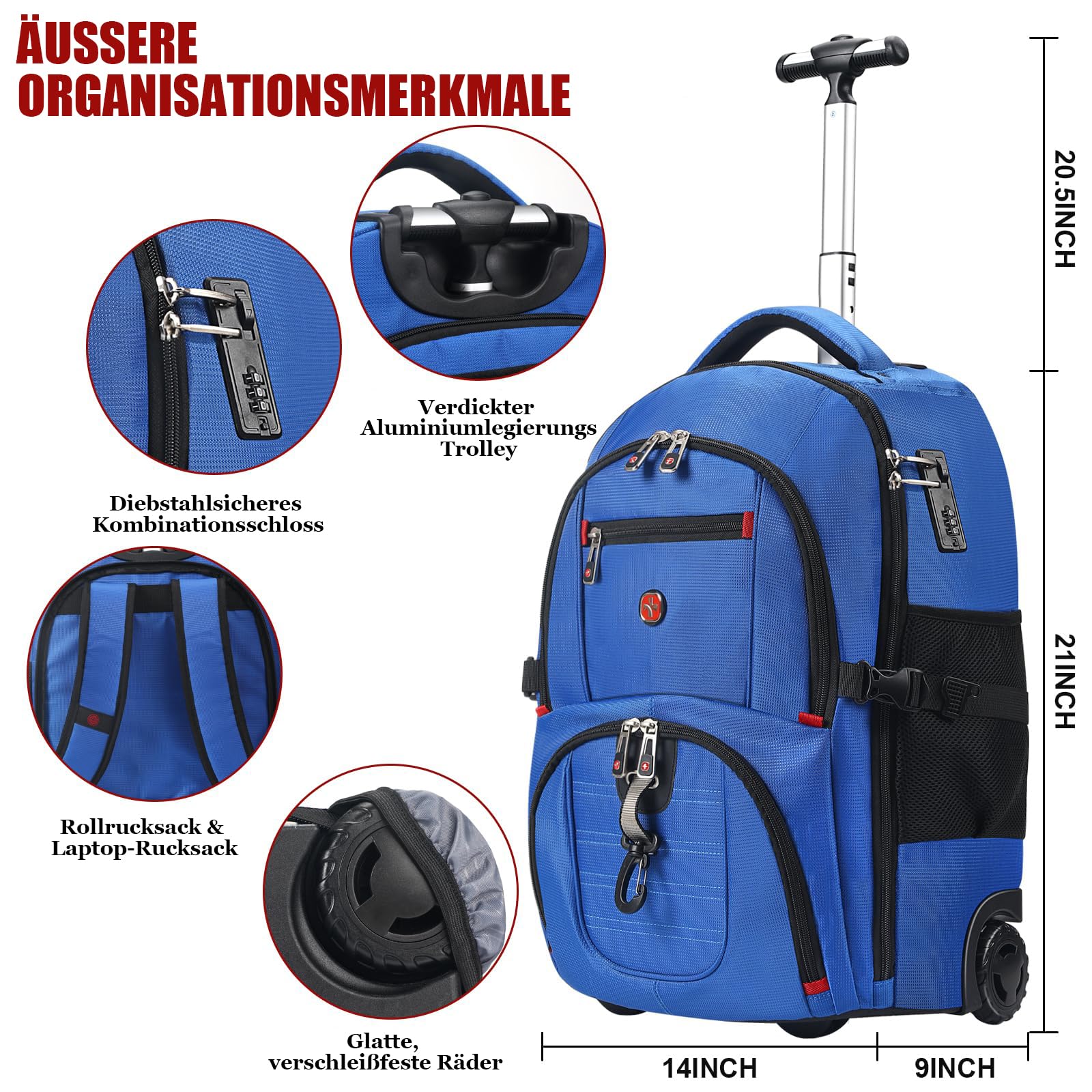 star cloud 21x14x9 Rolling Backpack with Wheels - Water-Resistant, 17.3" Laptop Compartment, Ideal Carry-On for Overnight Travel, College, Work - Wheeled Business Backpack for Adults