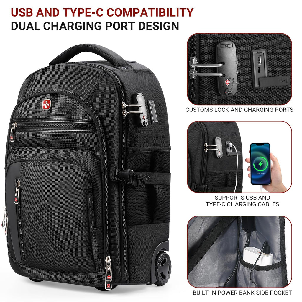 star cloud Rolling Backpack with Wheels, USB & Type-C Charging Ports, 21x14x9, Water-Resistant, 17.3" Laptop Compartment, EVA Material, Wheeled Business Backpack for Travel, Work, College