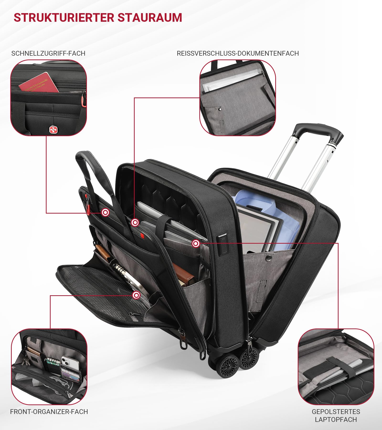 star cloud Rigid Frame Rolling Laptop Bag on Wheels, Rolling Briefcase with USB & Type-C Charging Port, Water Resistant Rolling Computer Bag for 17.3 Inch Laptop, Work Travel and Business