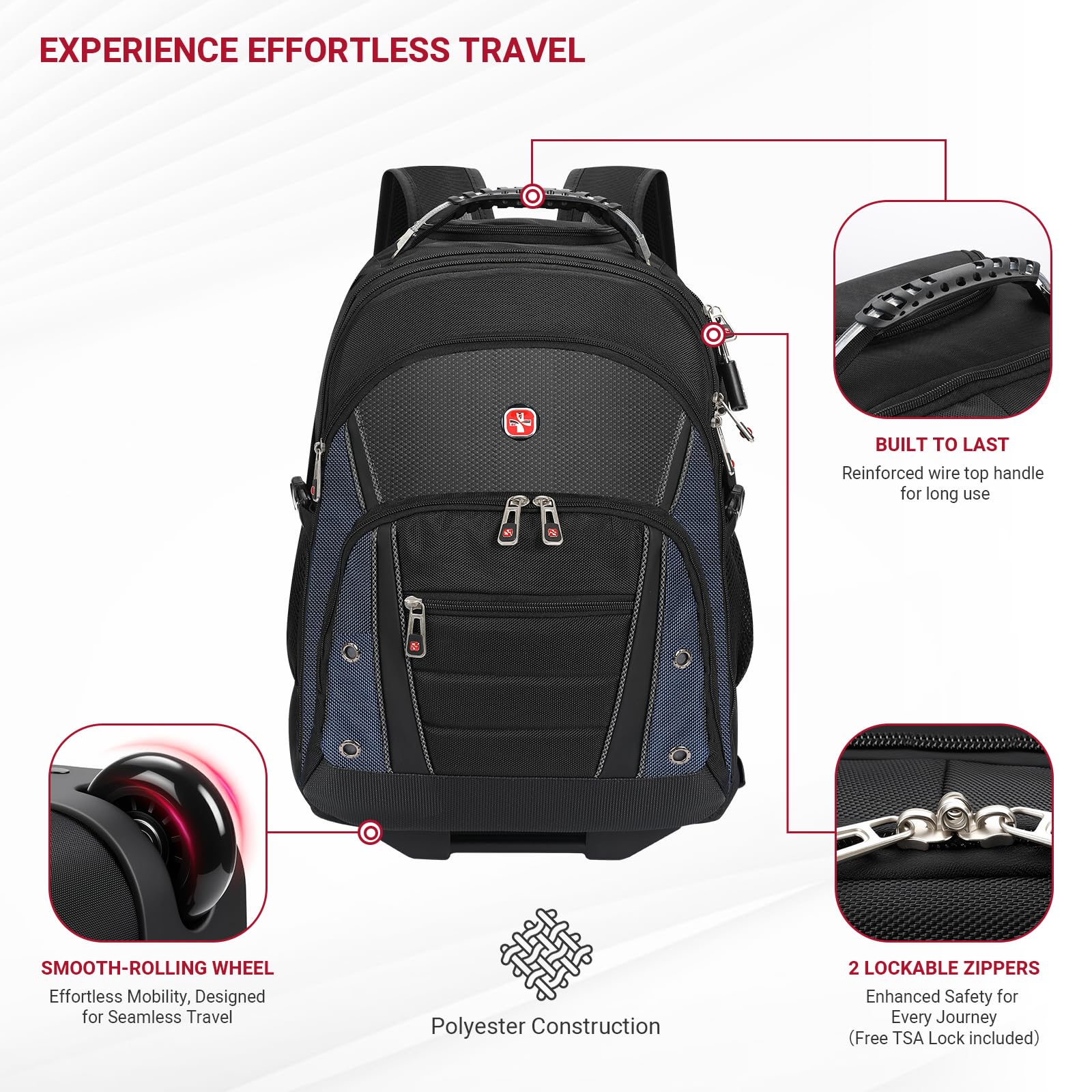 star cloud Rolling Backpack with Wheels, USB & Type-C Charging Port, 21x14x9 Water Resistant Wheeled Backpack, 17.3" Roller Laptop Backpack, Carry On Luggage for Business Travel College Work Bag