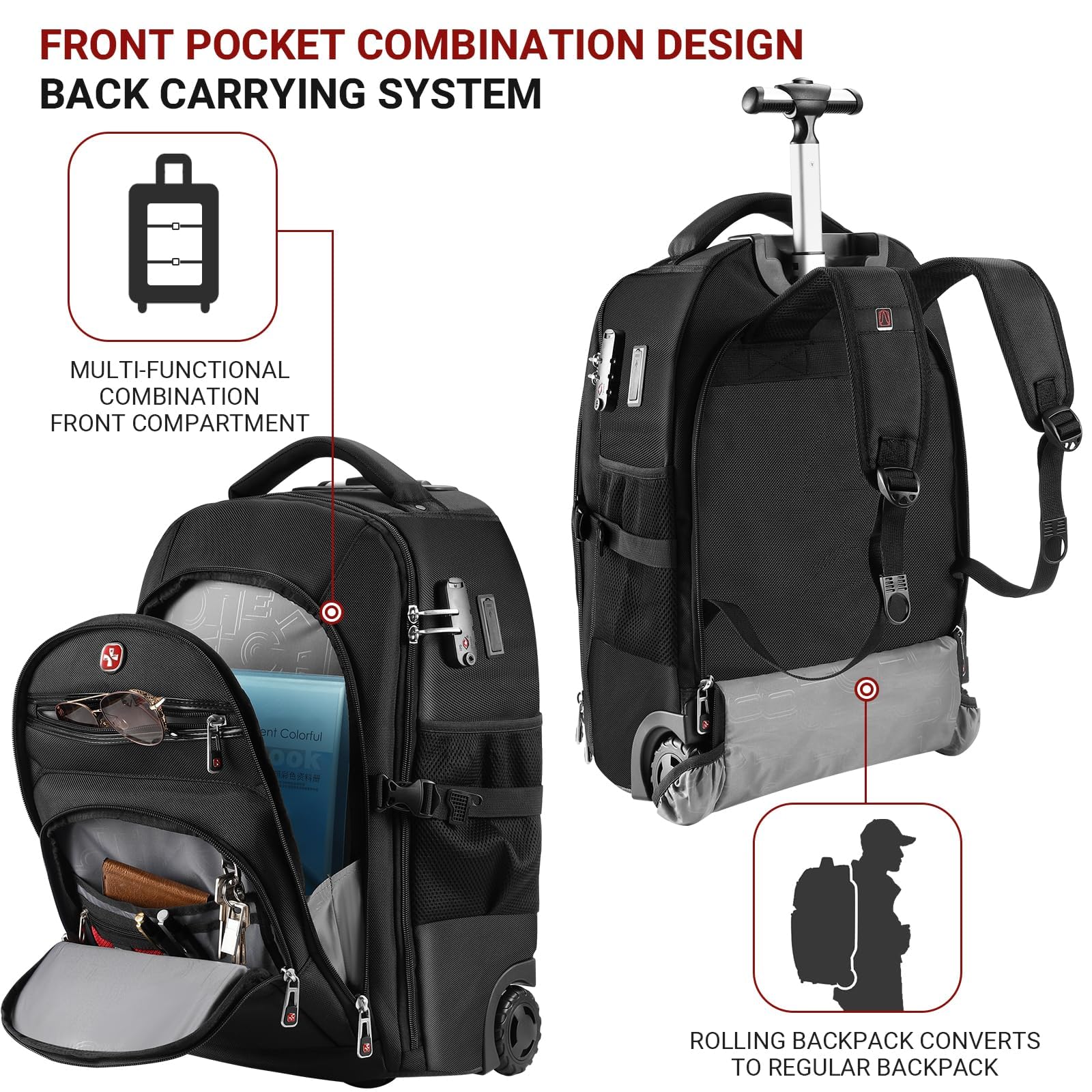 star cloud Rolling Backpack with Wheels, USB & Type-C Charging Ports, 21x14x9, Water-Resistant, 17.3" Laptop Compartment, EVA Material, Wheeled Business Backpack for Travel, Work, College